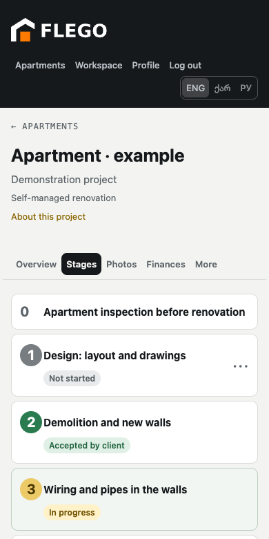 The Flego journal on a phone: renovation stages of an apartment and their statuses